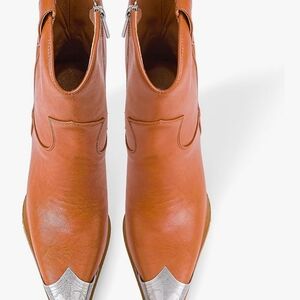 Leather Western Ankle Booties in Tan with Silver Toe